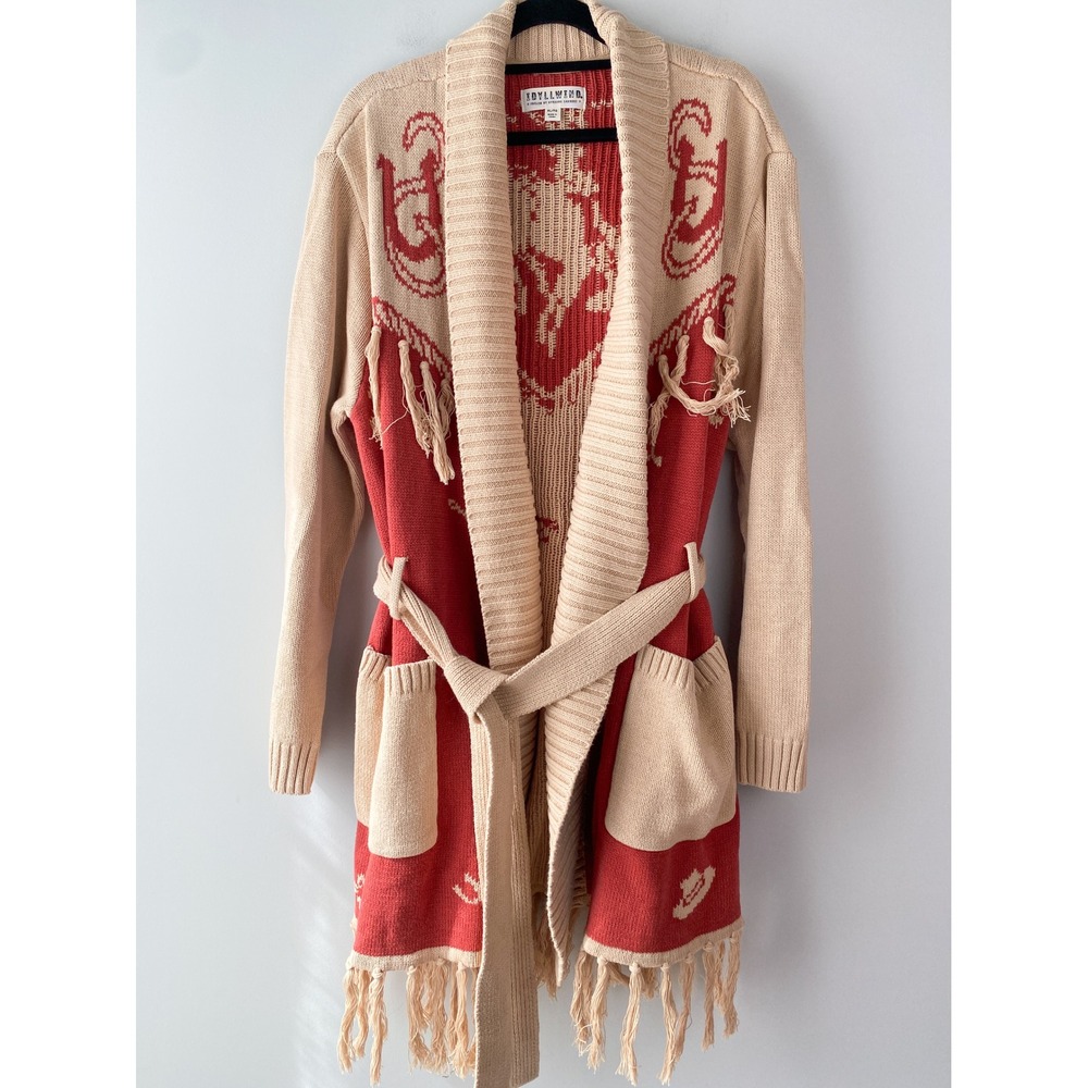 Idyllwind Womens Cardigan XL Tan Red Western Bronco Fringe Cowgirl Belted Boho - Picture 2 of 11